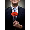 closeup portrait of smiling businessman holding red flower