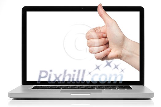 Laptop with blank screen and OK hand isolated on white