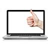 Laptop with blank screen and OK hand isolated on white