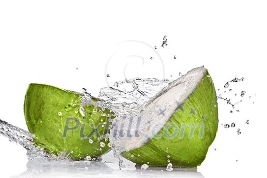 Green coconut with water splash isolated on white Green coconut with water splash isolated on white