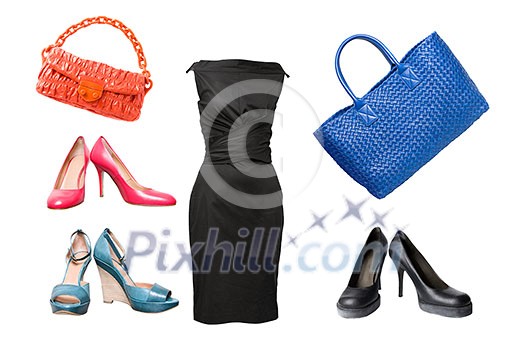 set of female shoes, dress and bags isolated on white