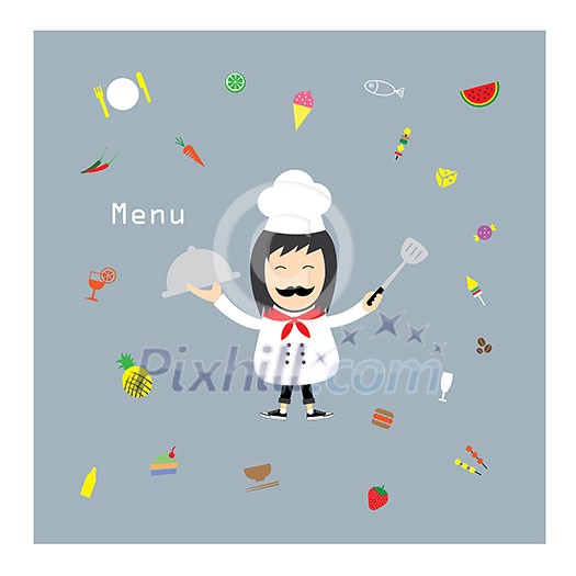 Chef holding a tray of food vector cartoon 