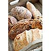 Various kinds of fresh baked bread loaves in wooden tray