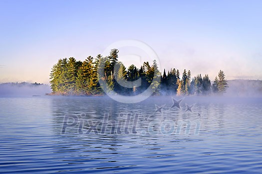 Island with pine trees in morning fog on lake at sunrise