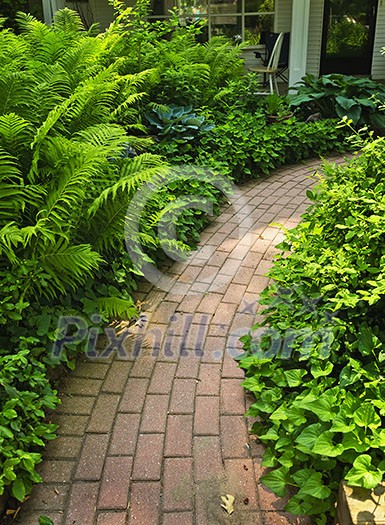 Paved brick path in lush green summer garden