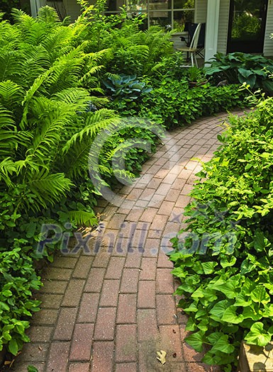 Paved brick path in lush green summer garden Paved brick path in lush green summer garden