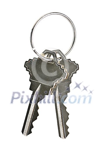 Two house keys on keyring isolated over white background Two house keys on keyring isolated over white background