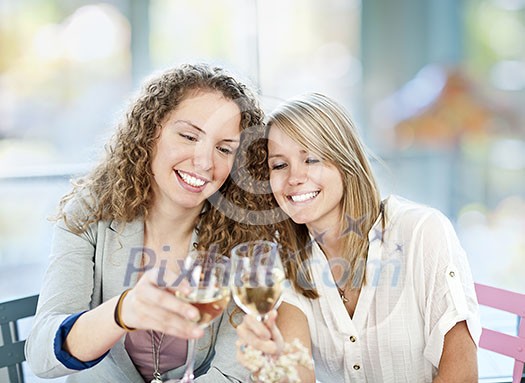Two happy women in cafe celebrating with glasses of white wine Two happy women in cafe celebrating with glasses of white wine