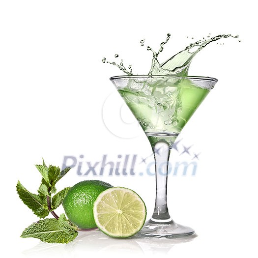 Green alcohol cocktail with splash, lime and mint isolated on white Green alcohol cocktail with splash, lime and mint isolated on white