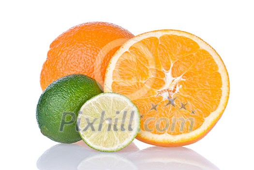 orange and lime isolated on white