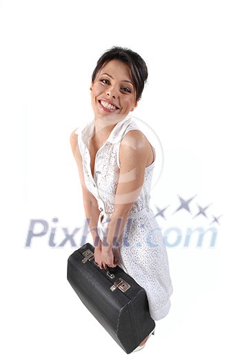 attractive girl with case going to travel