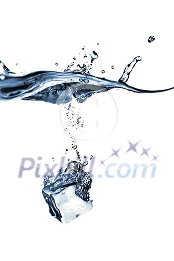 ice cube dropped into water with splash isolated on white ice cube dropped into water with splash isolated on white