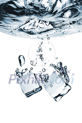ice cubes dropped into water with splash isolated on white ice cubes dropped into water with splash isolated on white