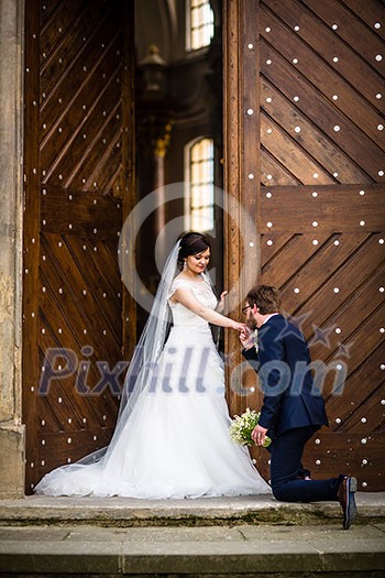 Portrait of a young wedding couple on their wedding day