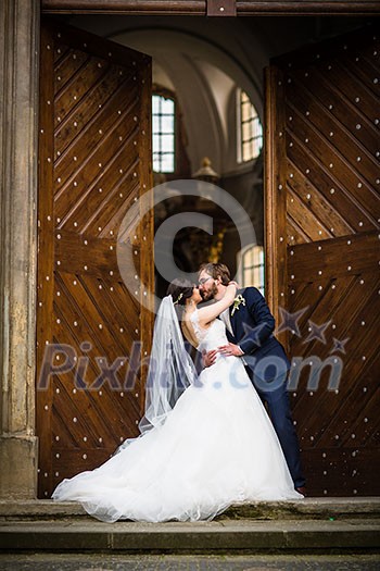Portrait of a young wedding couple on their wedding day Portrait of a young wedding couple on their wedding day
