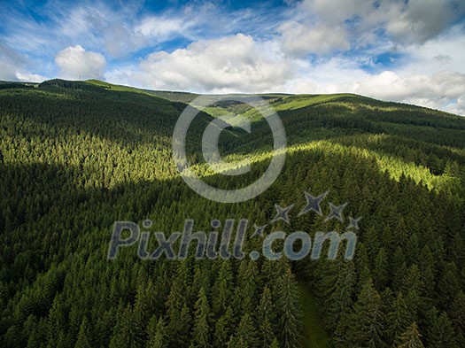 Aerial view of mountains covered with coniferous forests Aerial view of mountains covered with coniferous forests