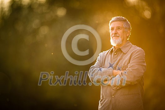 Portrait of a senior man outdoors, walking in a park (shallow DOF; color toned image) Portrait of a senior man outdoors, walking in a park (shallow DOF; color toned image)