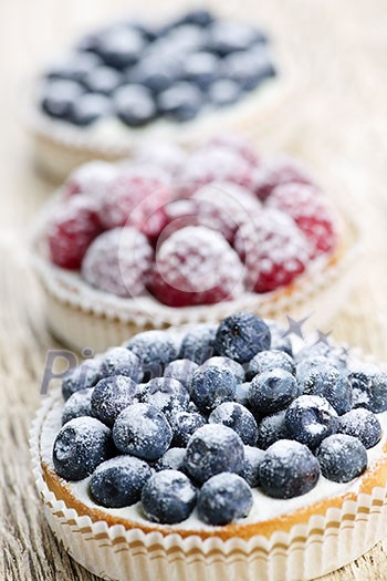 Closeup of fancy gourmet fresh berry dessert tarts Closeup of fancy gourmet fresh berry dessert tarts