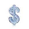 Stylish dollar currency sign made of ice, on a white background