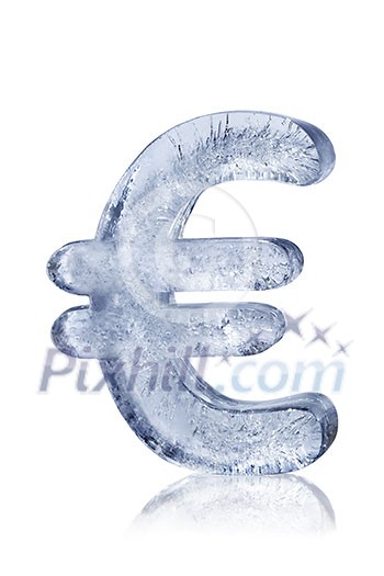 Stylish euro currency sign made of ice, on a white background