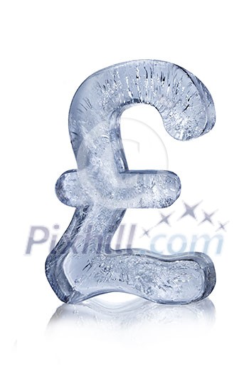 Stylish pound currency symbol made of ice, on white background