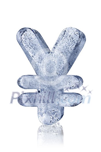 Stylis yen currency symbol made of ice, on white background
