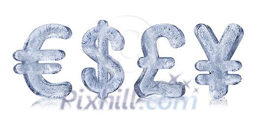 Four major currency symbols made of ice