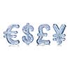 Four major currency symbols made of ice
