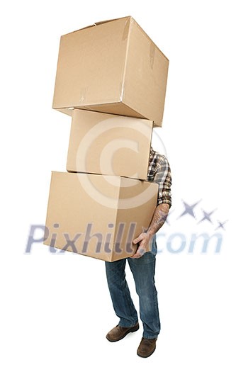 Man lifting stack of cardboard moving boxes isolated on white