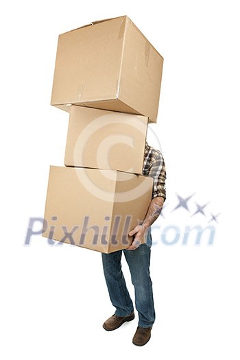 Man lifting stack of cardboard moving boxes isolated on white Man lifting stack of cardboard moving boxes isolated on white