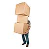 Man lifting stack of cardboard moving boxes isolated on white