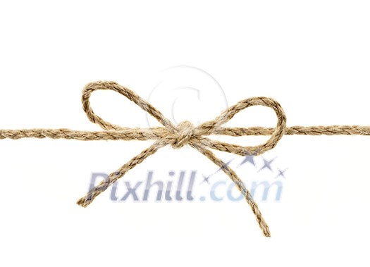 Closeup of braided twine tied in a bow knot isolated on white background