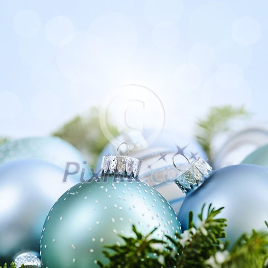 Christmas decorations and ornaments with blue background copy space