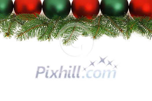 Row of green and red Christmas ornaments with tree branches Row of green and red Christmas ornaments with tree branches