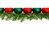 Row of green and red Christmas ornaments with tree branches