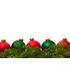 Row of green and red Christmas ornaments with pine tree branches