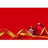 Red Christmas background with ornaments and gold ribbon