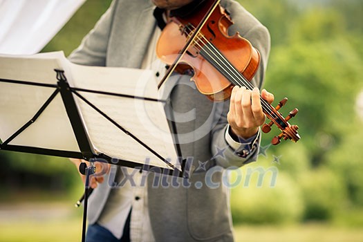 Male violinist playing his instrument and reading a music sheet during an outdoor summer wedding ceremony (shallow DOF; color toned image)