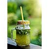 Summer drink lemonade with lemon and mint in mason jar outdoor.