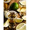 Mexican Gold Tequila with lime and salt on wooden table, selective focus. Shallow depth of field.
