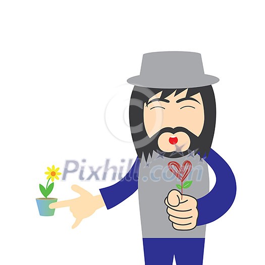 vector cartoon hipster man with red heart flower 