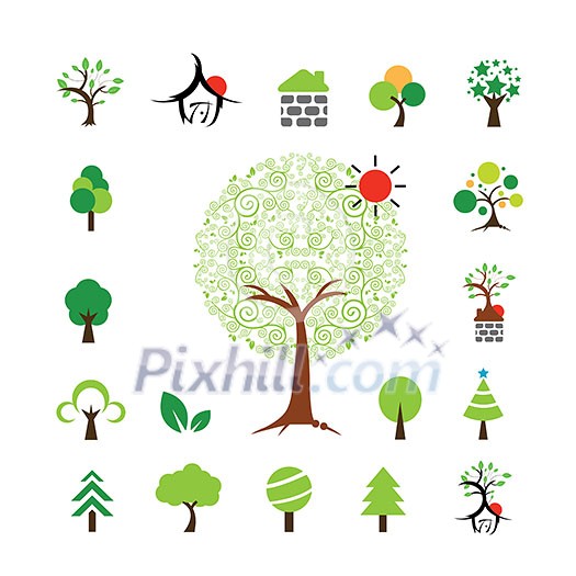 vector house and tree symbol set 