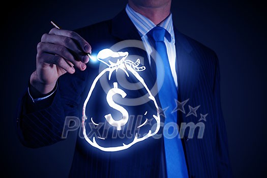 Chest view of businessman drawing money bag on screen