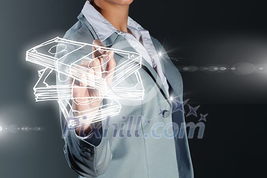 Chest view of businesswoman drawing money banknotes on screen