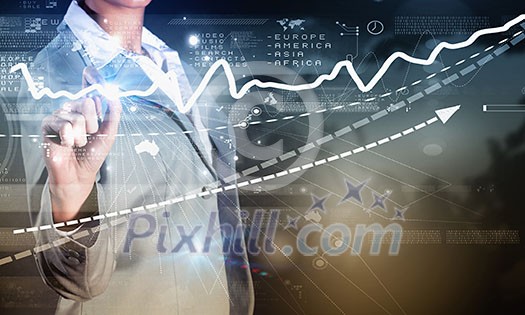 Chest view of businesswoman drawing infographs on digital screen