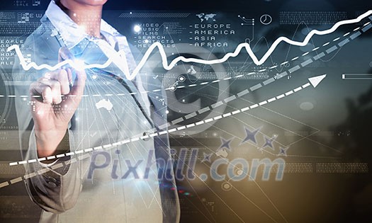 Chest view of businesswoman drawing infographs on digital screen Chest view of businesswoman drawing infographs on digital screen