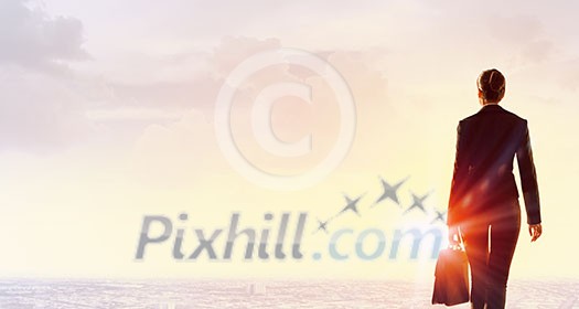 Rear view of businesswoman looking at sunset above city Rear view of businesswoman looking at sunset above city