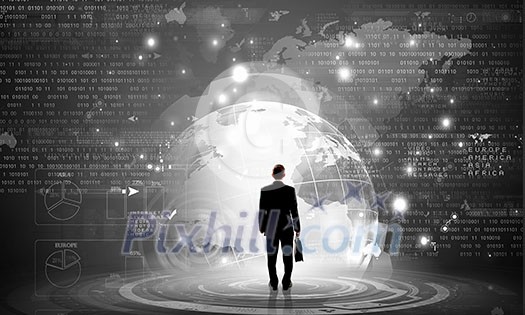Back view of businessman with suitcase in hands looking at virtual panel Back view of businessman with suitcase in hands looking at virtual panel