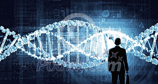 Businessman standing with back and virtual panel with dna spiral Businessman standing with back and virtual panel with dna spiral