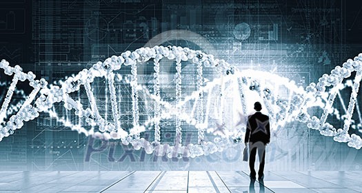 Businessman standing with back and virtual panel with dna spiral Businessman standing with back and virtual panel with dna spiral